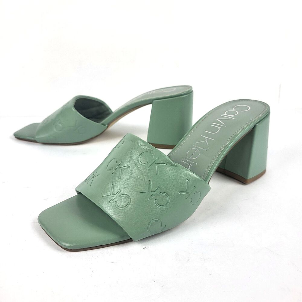 Calvin Klein Elora Women's Block  High Heel Slid Sandals Size 11M Green Leather